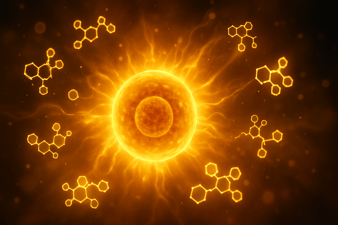 Adenozin molekulát idéző arany fényű idegrendszeri nyugalom-illusztráció Ganodermával.