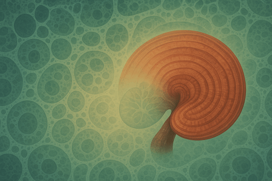 Stilizált Ganoderma gomba mandalaszerű, sejt-szerkezetre emlékeztető zöld háttérrel, az autofágia folyamatát szimbolizálva.