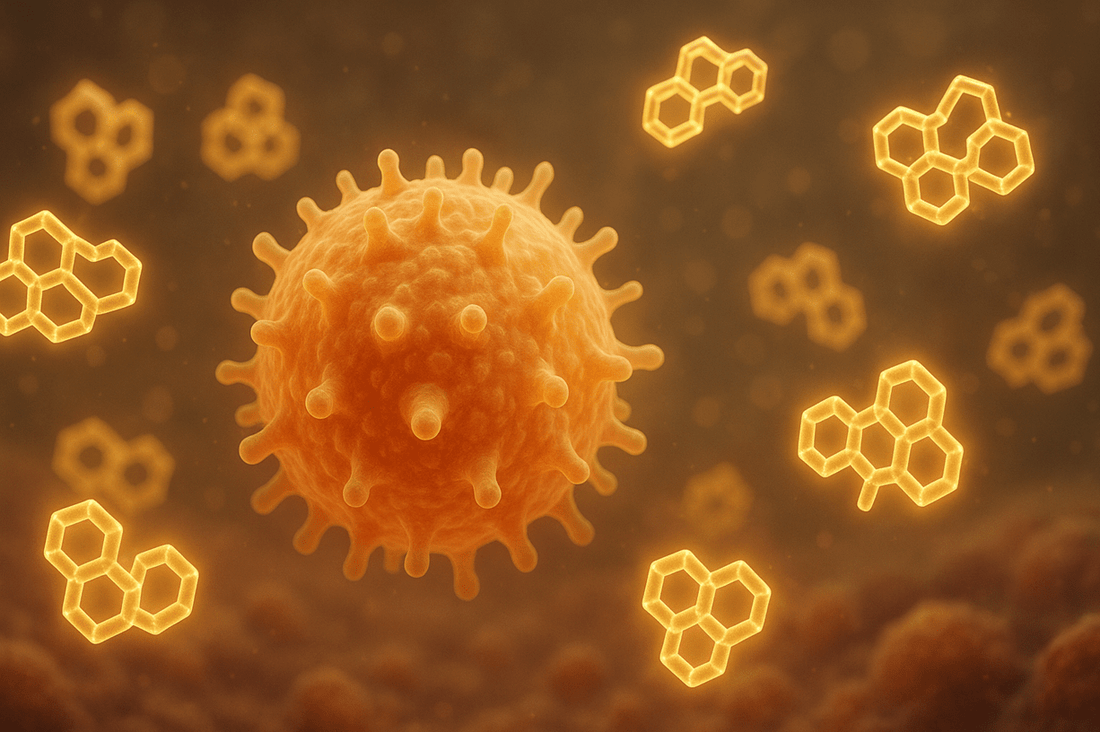 Béta-glükán immunsejt-aktiváló hatását bemutató arany-narancs sejtillusztráció Ganodermával.