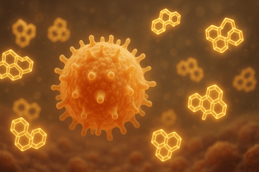 Béta-glükán immunsejt-aktiváló hatását bemutató arany-narancs sejtillusztráció Ganodermával.