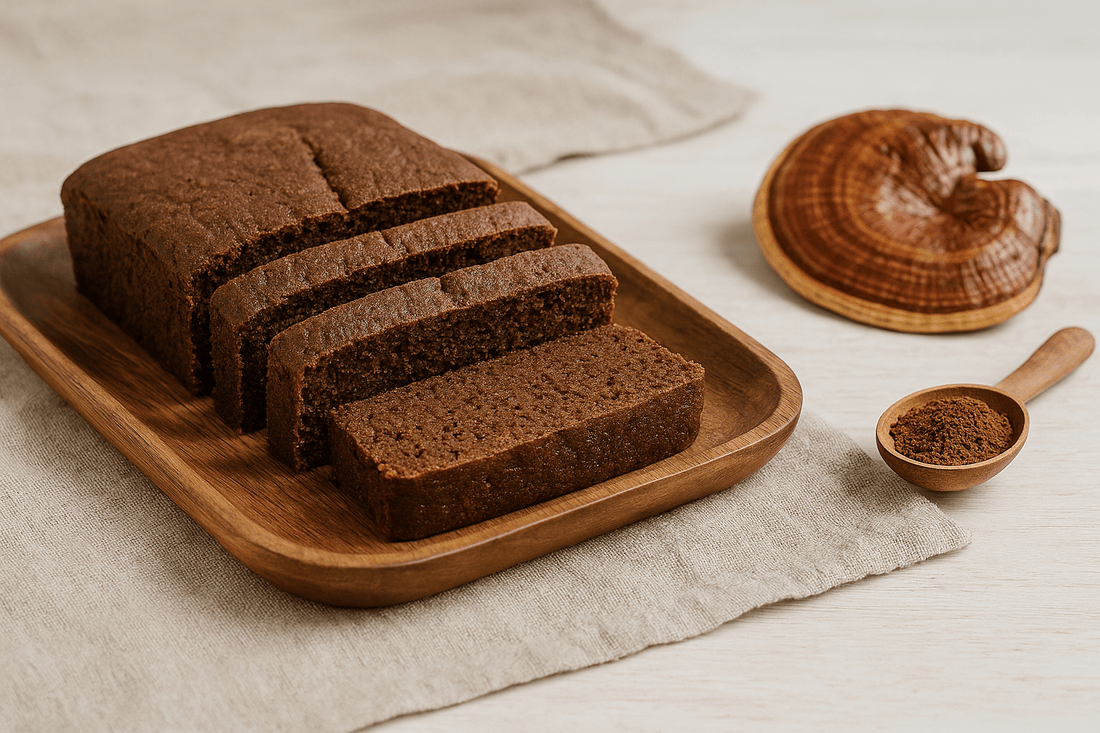 Szeletelt kakaós süti Ganoderma porral, fa tálcán tálalva – egészséges, immunerősítő desszert.