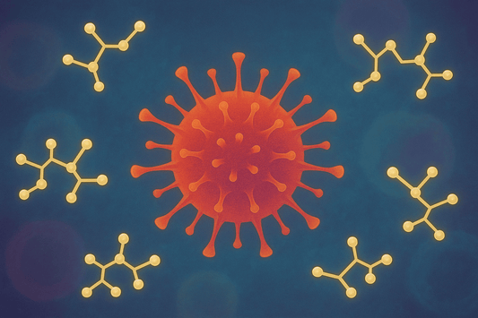 Stilizált vírusábrázolás központi narancssárga sejttel, körülötte sárga molekulamodellekkel – a Ganoderma ganoderánsavainak antioxidáns, sejtvédő hatását jelképező illusztráció.