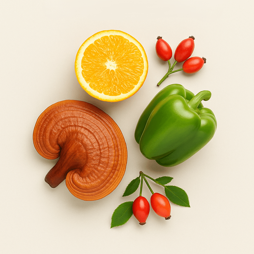 Ganoderma gomba C-vitaminban gazdag élelmiszerekkel: félbevágott narancs, zöld kaliforniai paprika és csipkebogyó termések fehér háttéren.