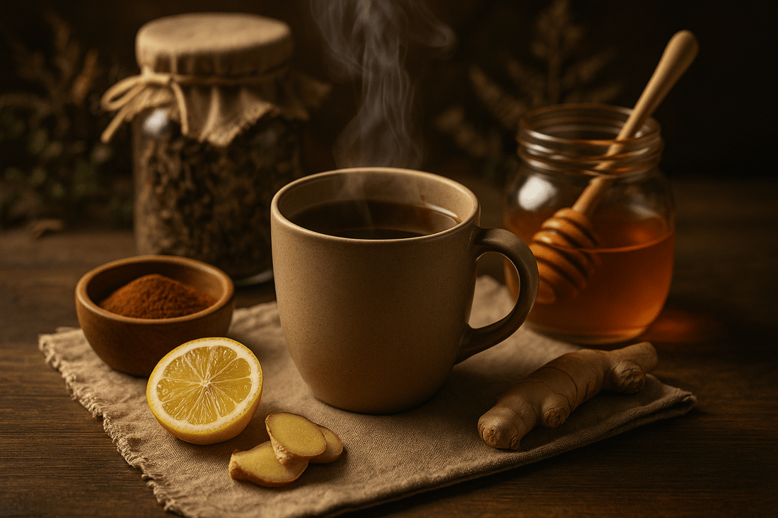 Csésze meleg tea Ganodermával, mellette mérőkanál és természetes hozzávalók.