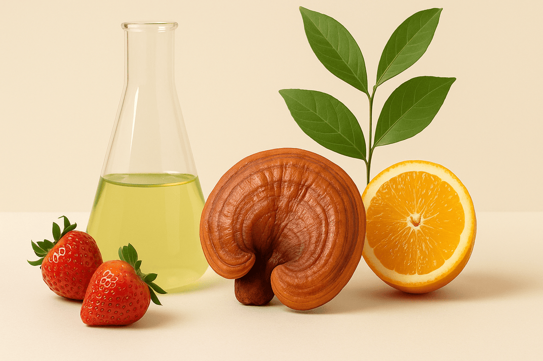 Ganoderma gomba, friss narancs és eper a természetes antioxidáns hatás szemléltetésére laborháttérrel.