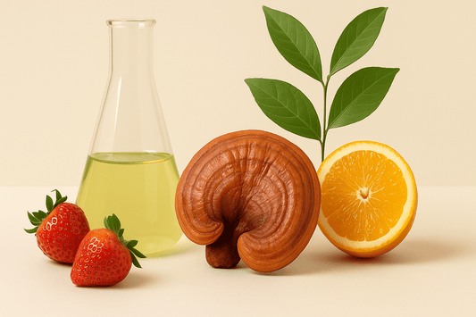 Ganoderma gomba, friss narancs és eper a természetes antioxidáns hatás szemléltetésére laborháttérrel.