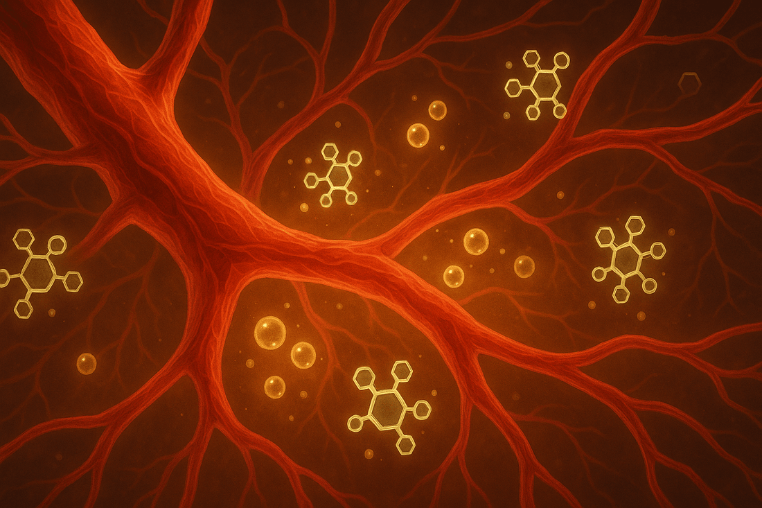 Szerves germánium hatását jelképező piros–narancs fényű sejt- és oxigénáramlás illusztráció.