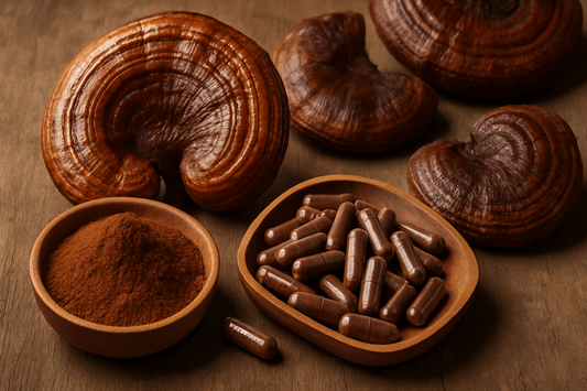 Ganoderma gombák, őrlemény és kapszulák fa tálakban – természetes pecsétviaszgomba készítmények közelről.