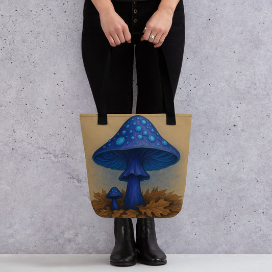 MysticBlue vászontáska női modellen, kézben tartva – Gaia Design
